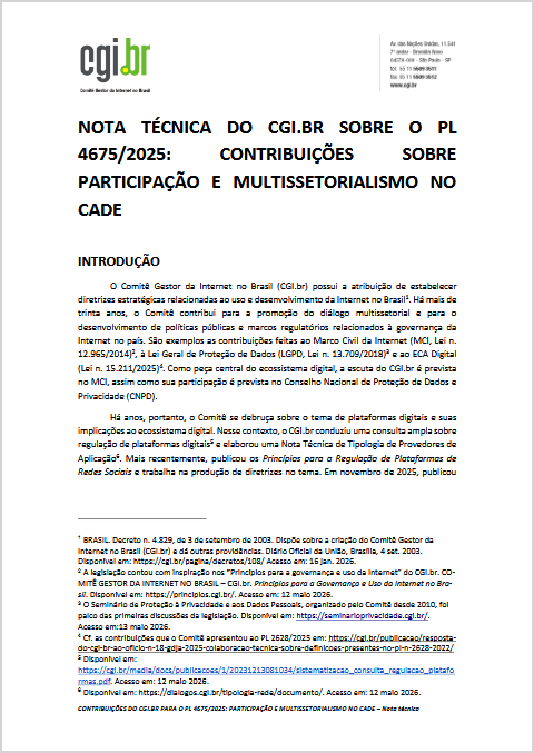 Nota Técnica do CGI.br sobre o PL 4.675/2025: contribuições sobre participação e multissetorialismo no Cade